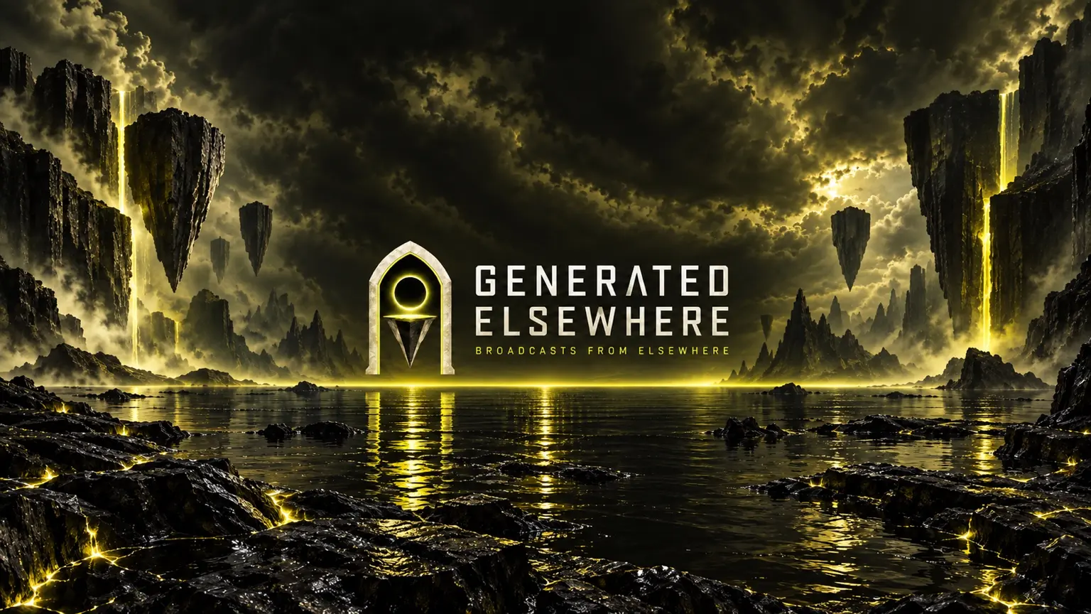 Generated Elsewhere channel artwork: floating rock islands over dark water, a glowing yellow portal, and the words Generated Elsewhere — Broadcasts from Elsewhere.