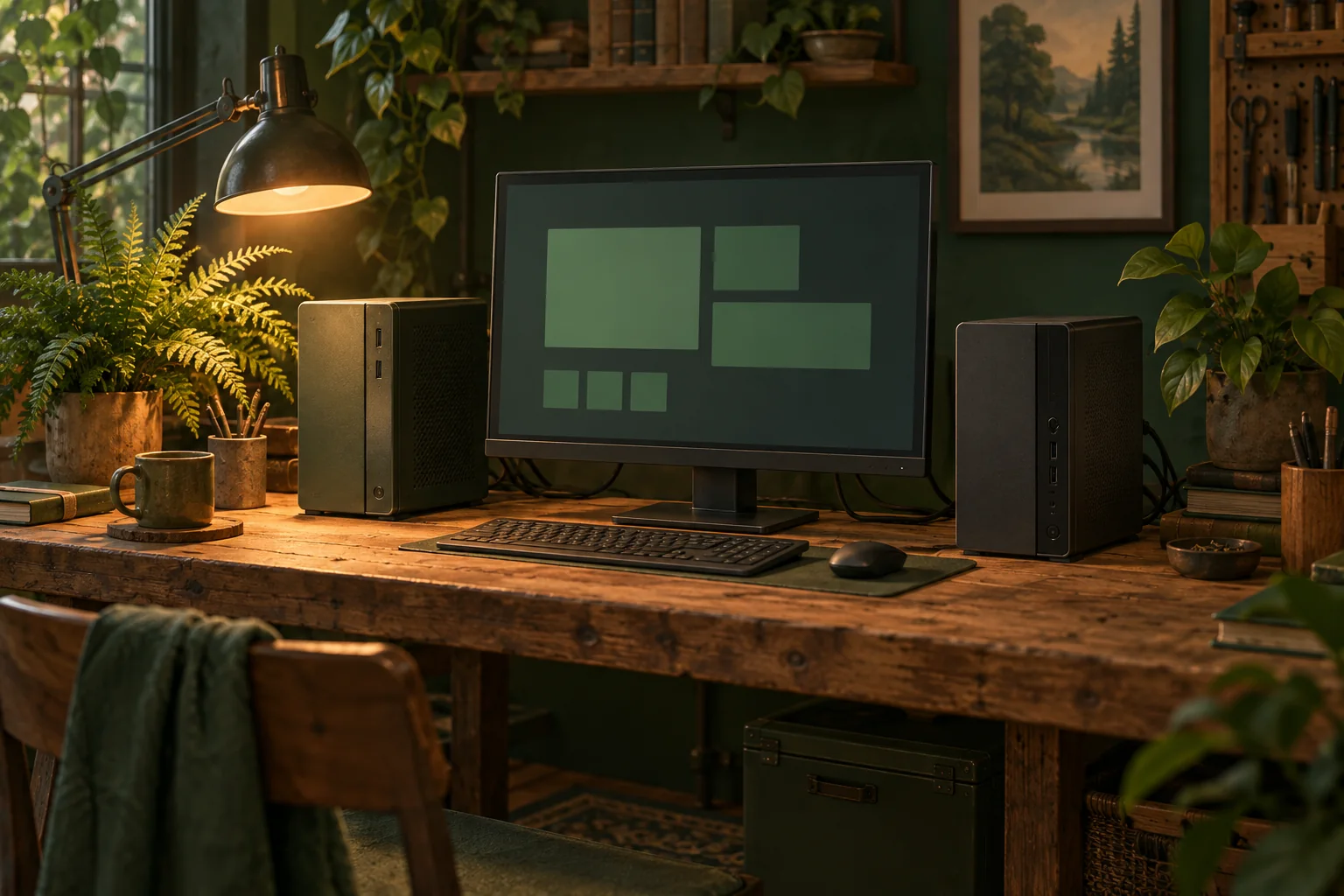 Illustration of a leafy workshop with two compact computers and a monitor on a wooden bench.