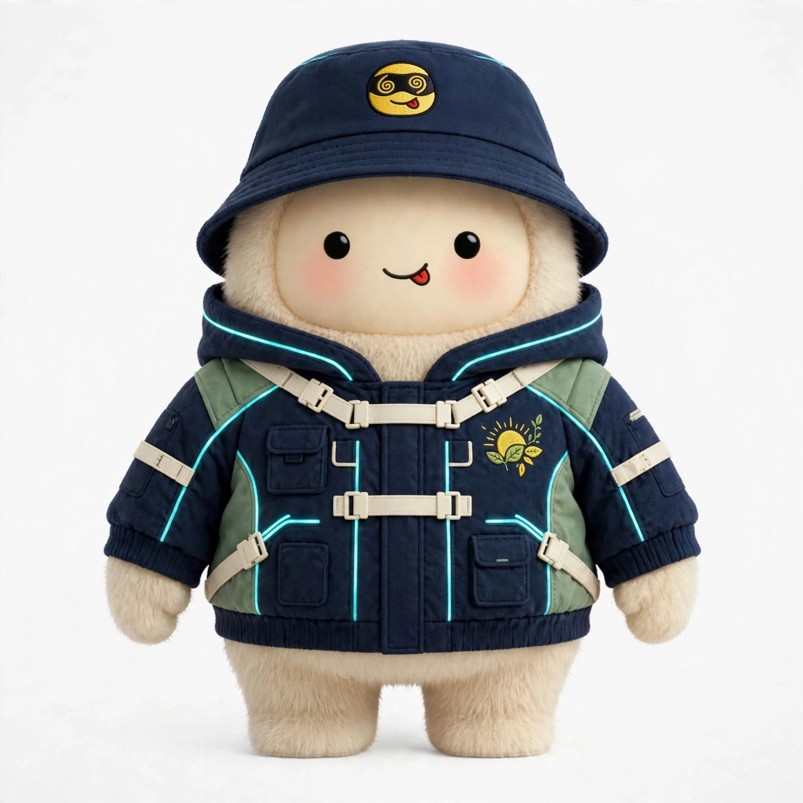 Muse, a cream-colored plush character in a navy bucket hat and jacket with glowing cyan trim and a sage backpack.