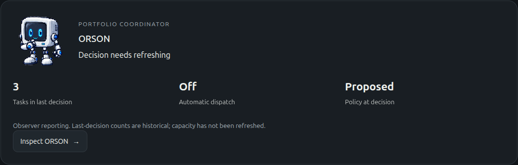 Saved ORSON panel showing a decision that needs refreshing and automatic dispatch switched off.