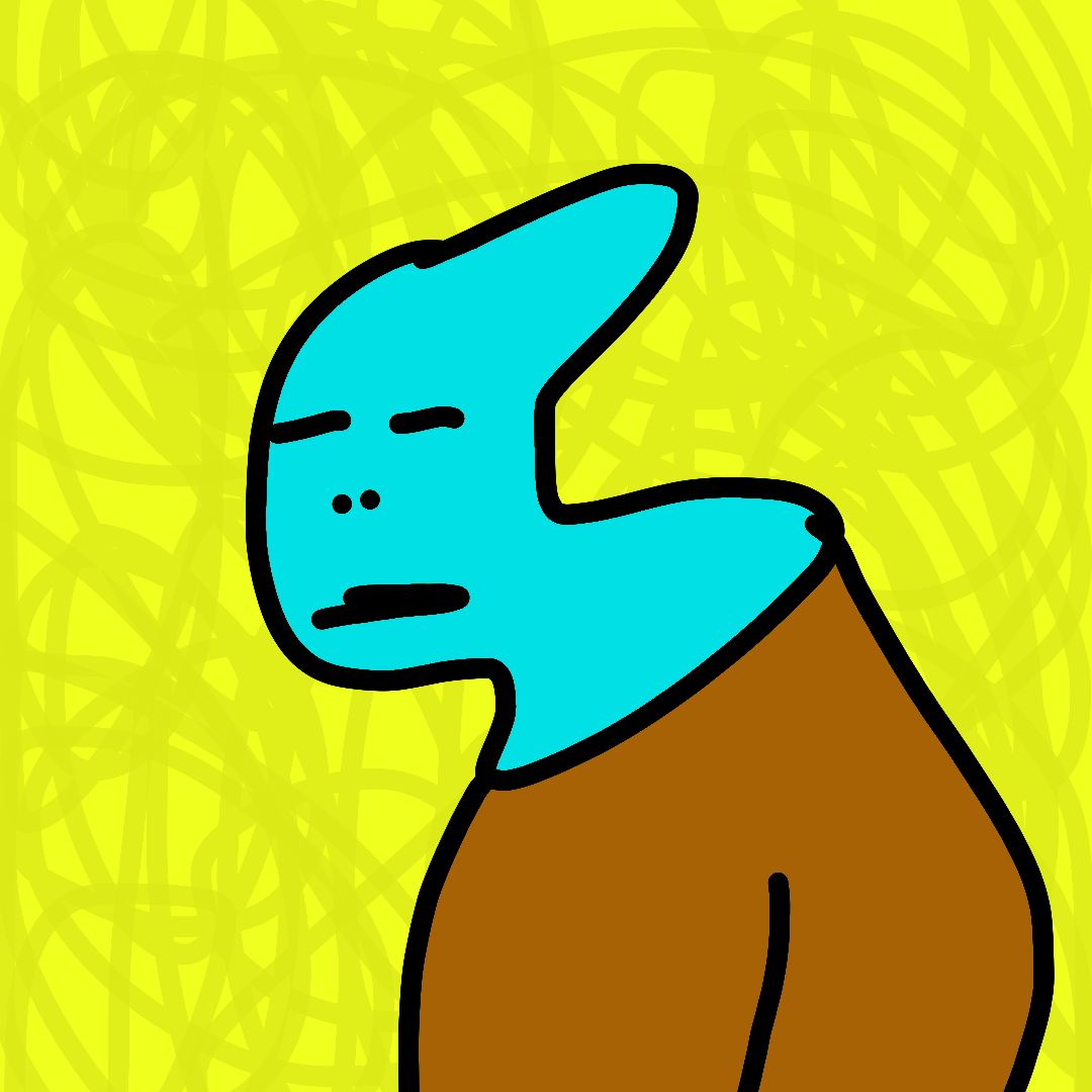Zorvel the Unbothered by sillypsyben: a turquoise character in a brown shirt against a bright yellow background.