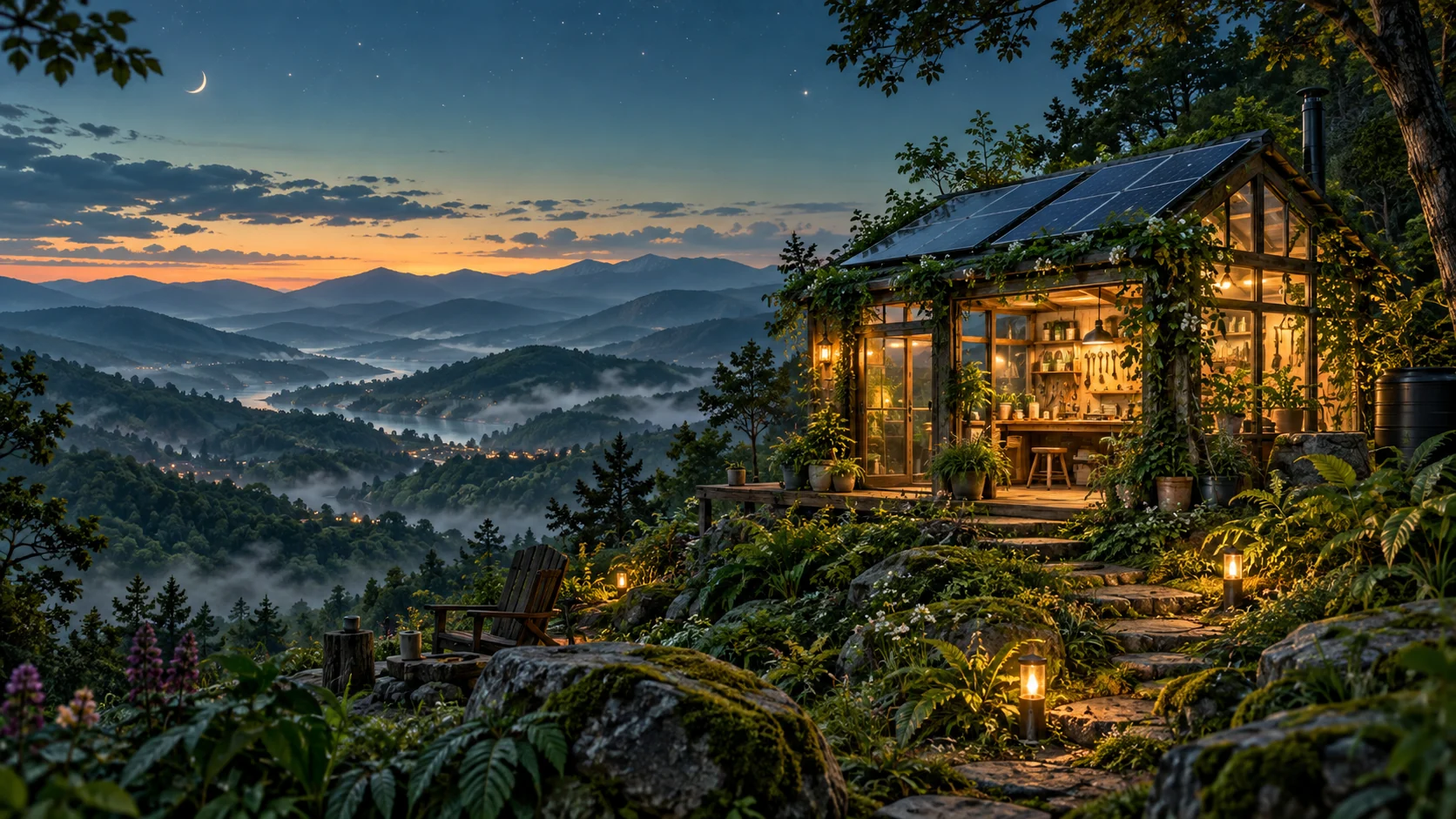 An imagined mountain workshop glowing with warm light among trees and solar panels at twilight.